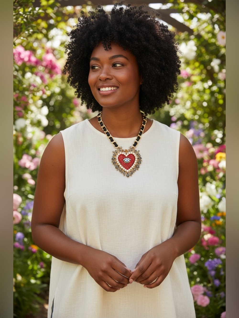 Betsey Johnson Red Crystal Evil Eye Heart Statement Necklace with Pearl Trim - Picture 14 of 16